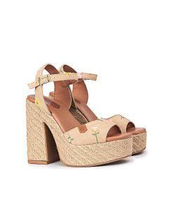 Mujer POPA BRAND Sandalias | Sandalia Tacon Plataforma Saladeta Bordado Arena Serraje