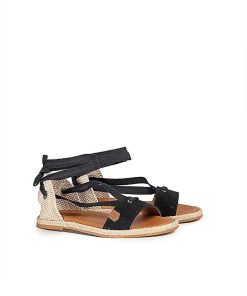 Mujer POPA BRAND Menorquinas | Menorquina Plana Clara Lazada Serraje Negro