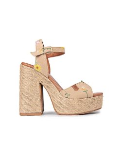 Mujer POPA BRAND Sandalias | Sandalia Tacon Plataforma Saladeta Bordado Arena Serraje